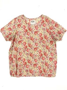 Vintage FLAX Bright Floral Oversized Rayon Short Sleeve Shirt, Small